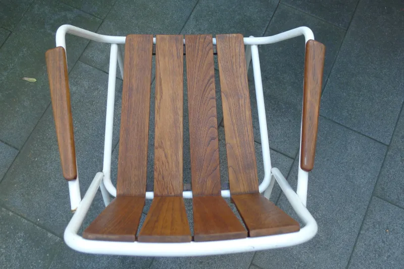 Pamono Mid-Century Scandinavian Teak and Tubular Steel Stacking Garden Chair from Daneline, 1960s> Garden Seating