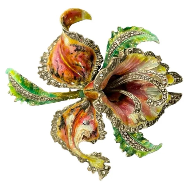 Pamono Mid-Century Silver Enamelled Orchid or Iris Flower Brooch> Brooches