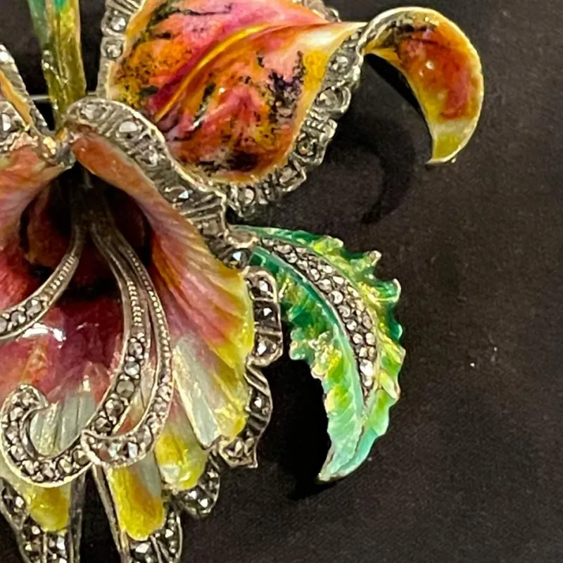 Pamono Mid-Century Silver Enamelled Orchid or Iris Flower Brooch> Brooches