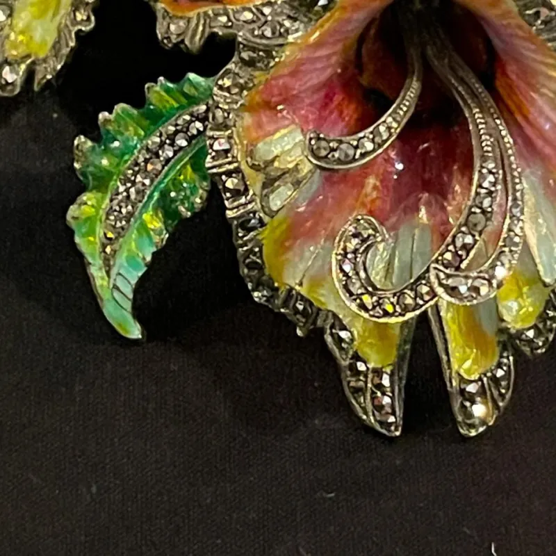 Pamono Mid-Century Silver Enamelled Orchid or Iris Flower Brooch> Brooches