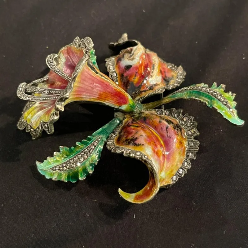 Pamono Mid-Century Silver Enamelled Orchid or Iris Flower Brooch> Brooches