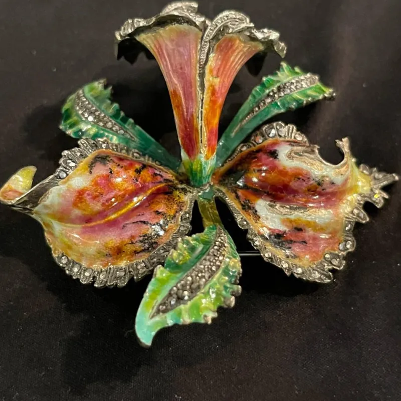 Pamono Mid-Century Silver Enamelled Orchid or Iris Flower Brooch> Brooches