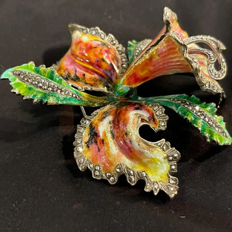 Pamono Mid-Century Silver Enamelled Orchid or Iris Flower Brooch> Brooches