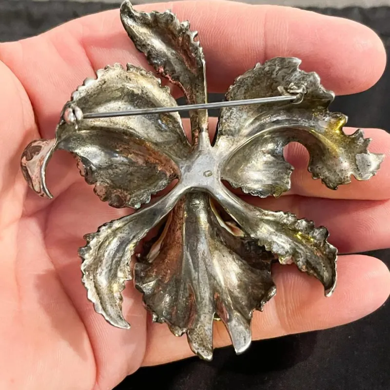 Pamono Mid-Century Silver Enamelled Orchid or Iris Flower Brooch> Brooches