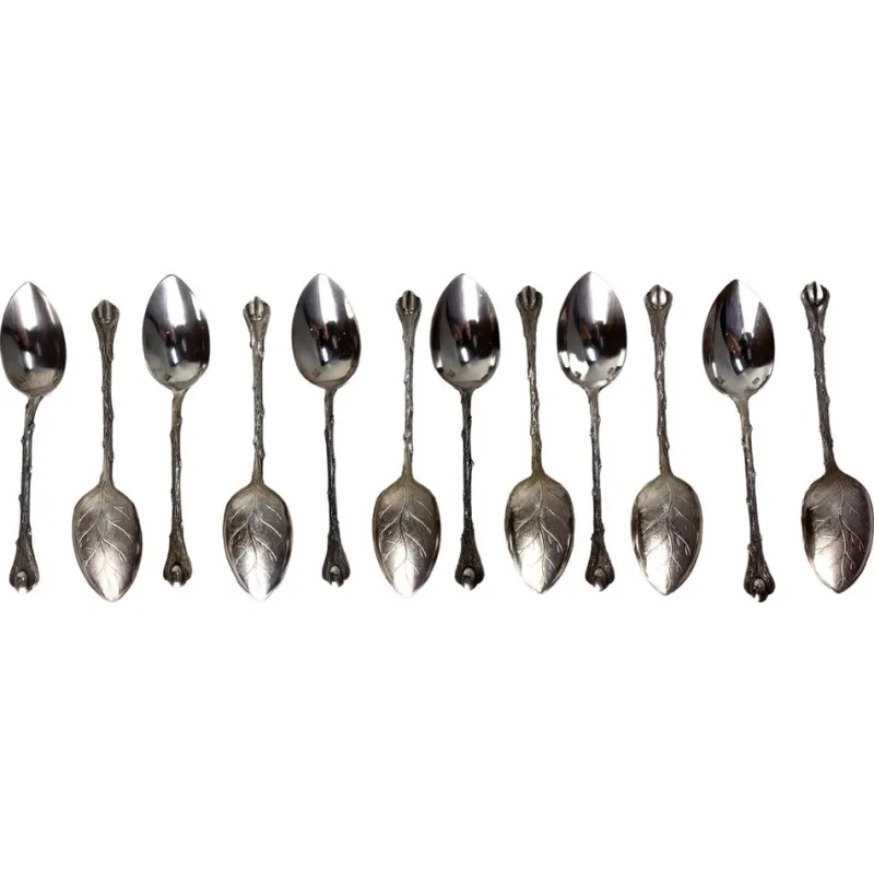 Pamono Mid-Century Silver Metal Coffee Spoons Tree-Leaf-Shaped, France, 1960s> Cutlery & Serving Utensils