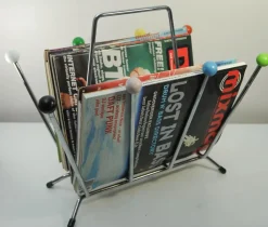 Pamono Mid-Century Space Age Sputnik Atomic Magazine Holder in Chrome and Wood, 1970s><noscript><img width=