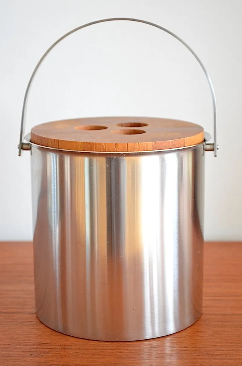 Pamono Mid-Century Steel and Teak Cylinda Line Ice Bucket by Arne Jacobsen for Stelton, 1960s> Ice Buckets & Wine Coolers