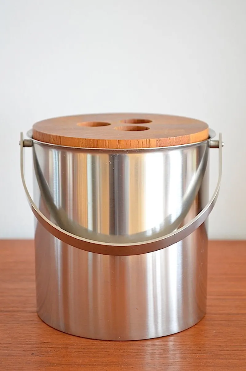 Pamono Mid-Century Steel and Teak Cylinda Line Ice Bucket by Arne Jacobsen for Stelton, 1960s> Ice Buckets & Wine Coolers