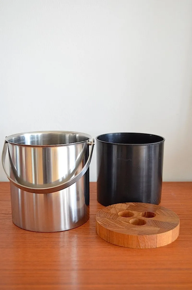 Pamono Mid-Century Steel and Teak Cylinda Line Ice Bucket by Arne Jacobsen for Stelton, 1960s> Ice Buckets & Wine Coolers