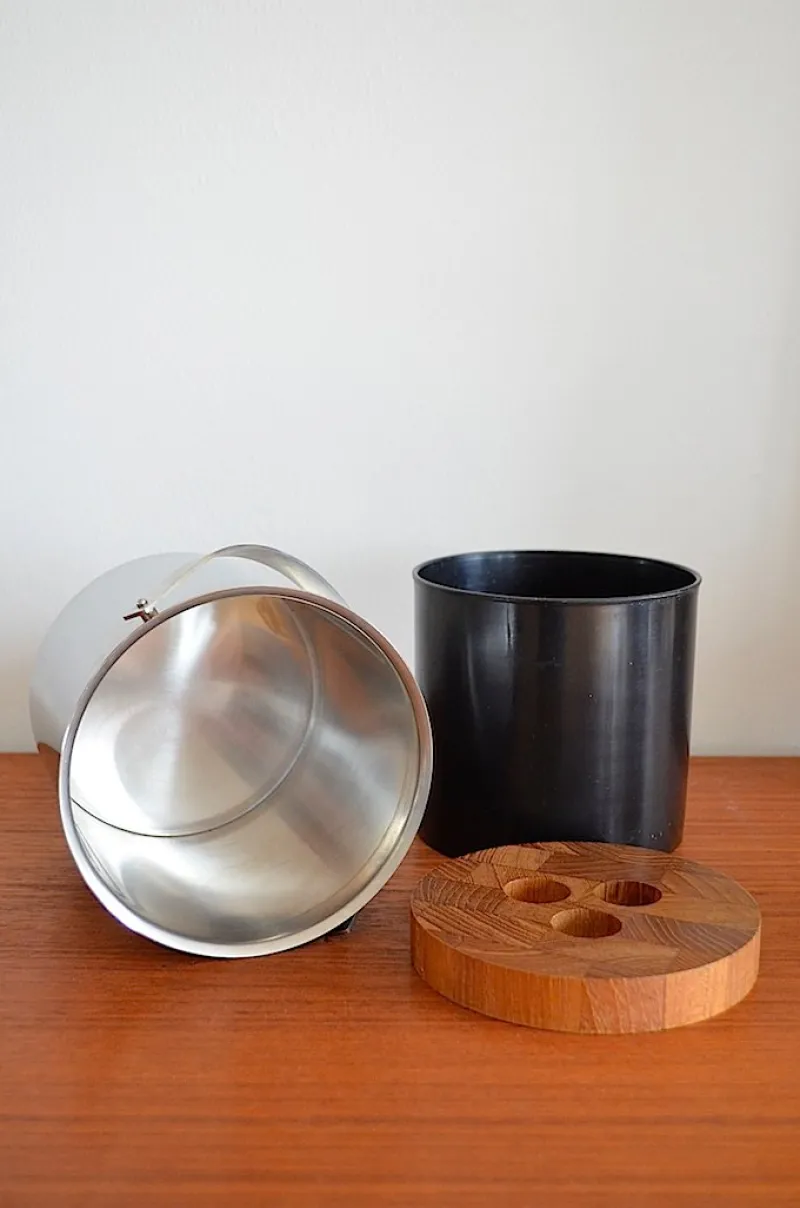 Pamono Mid-Century Steel and Teak Cylinda Line Ice Bucket by Arne Jacobsen for Stelton, 1960s> Ice Buckets & Wine Coolers