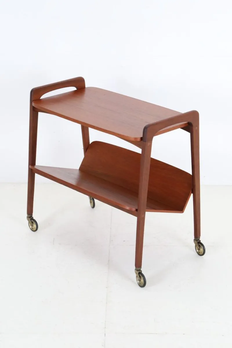 Pamono Mid-Century Teak Serving Trolley with Magazine Rack from Opal Möbel, 1960s> Serving Bar Carts & Trolleys