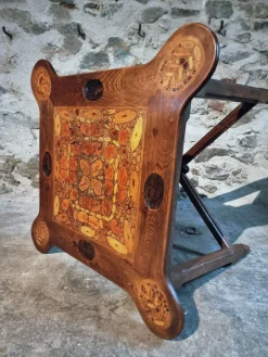 Pamono Mid-20th Century French Elm Marquetry Game Table with Intarsia Inlay and Round Corner Cutouts, 1950s> Game Tables