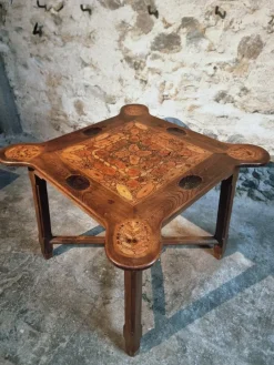Pamono Mid-20th Century French Elm Marquetry Game Table with Intarsia Inlay and Round Corner Cutouts, 1950s> Game Tables