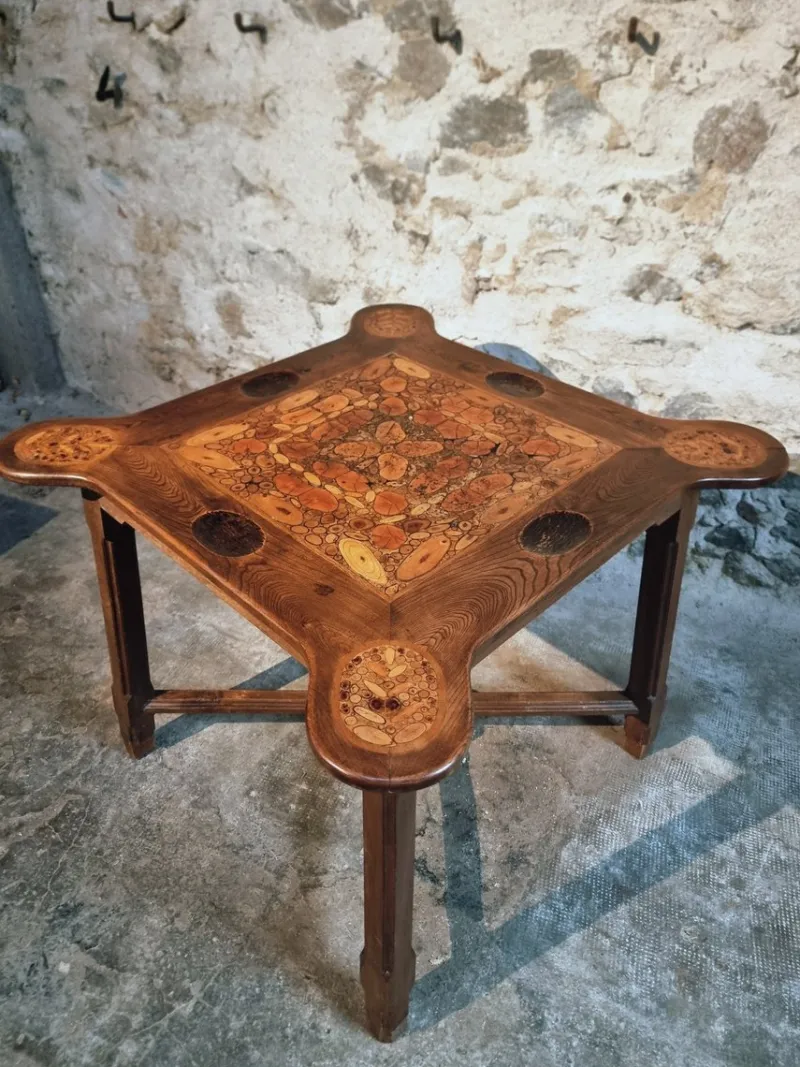 Pamono Mid-20th Century French Elm Marquetry Game Table with Intarsia Inlay and Round Corner Cutouts, 1950s> Game Tables