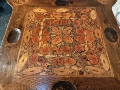 Pamono Mid-20th Century French Elm Marquetry Game Table with Intarsia Inlay and Round Corner Cutouts, 1950s><noscript><img width=