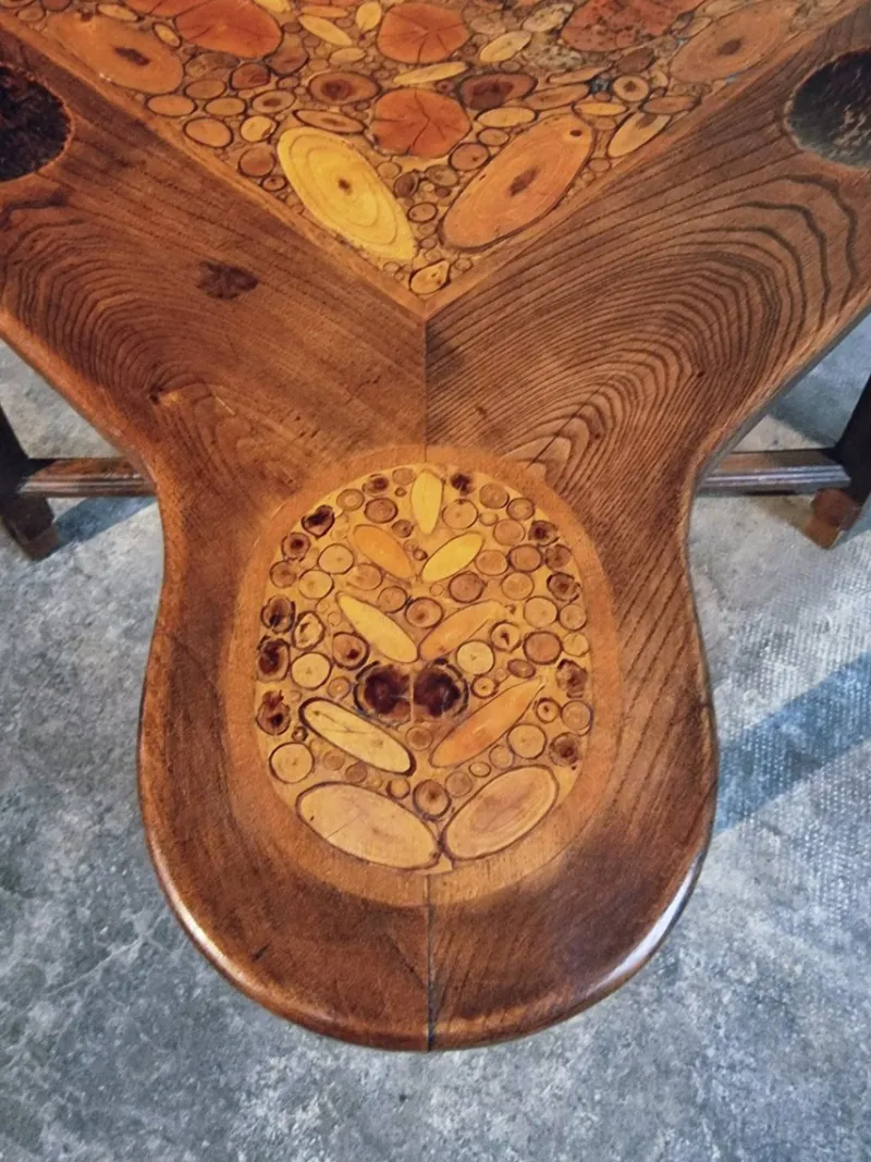 Pamono Mid-20th Century French Elm Marquetry Game Table with Intarsia Inlay and Round Corner Cutouts, 1950s> Game Tables