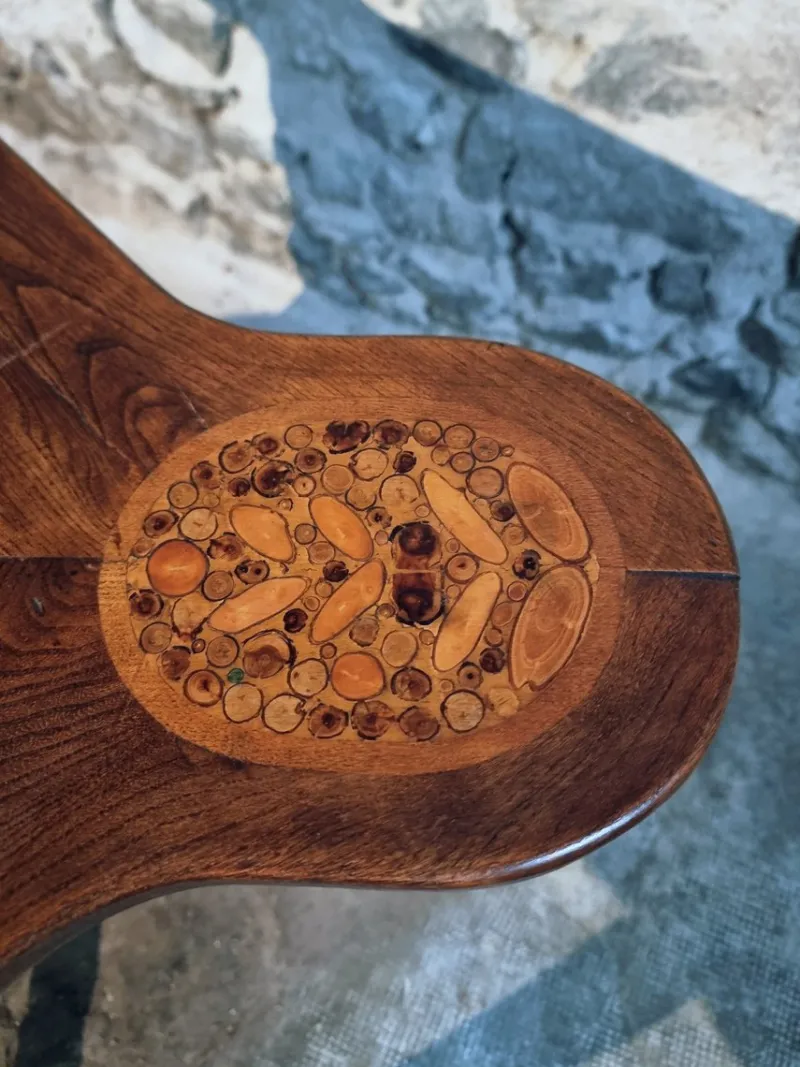 Pamono Mid-20th Century French Elm Marquetry Game Table with Intarsia Inlay and Round Corner Cutouts, 1950s> Game Tables