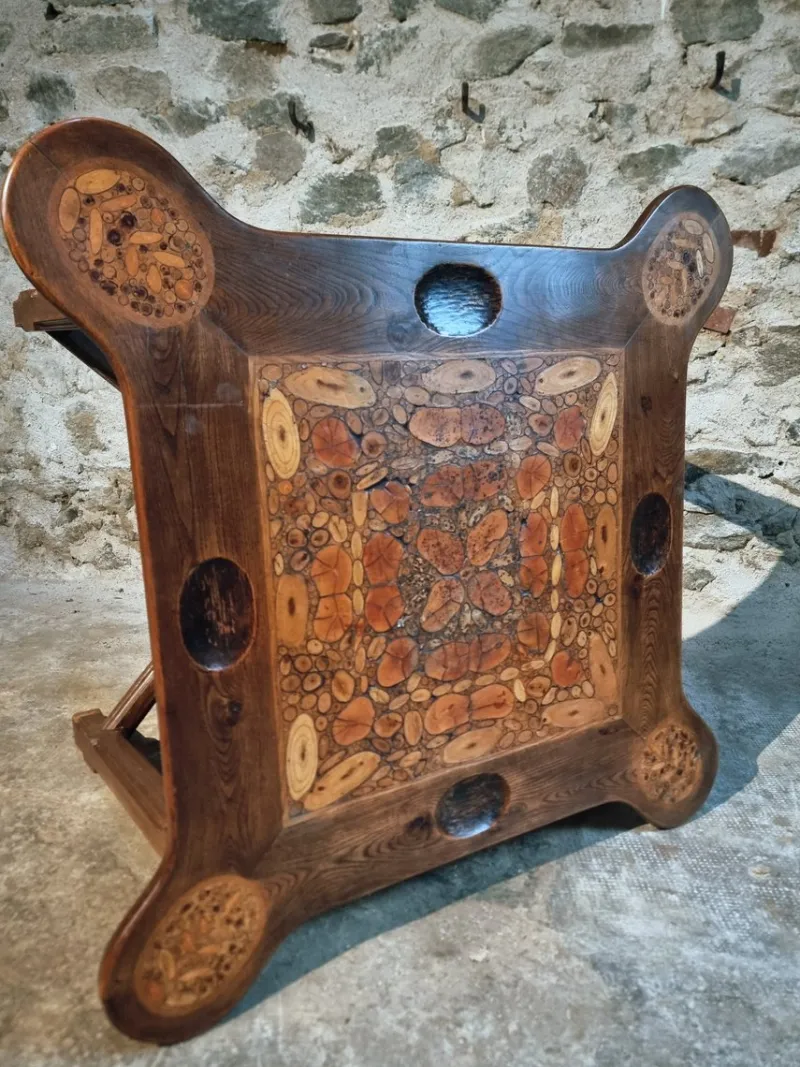 Pamono Mid-20th Century French Elm Marquetry Game Table with Intarsia Inlay and Round Corner Cutouts, 1950s> Game Tables