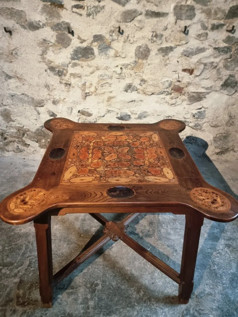 Pamono Mid-20th Century French Elm Marquetry Game Table with Intarsia Inlay and Round Corner Cutouts, 1950s> Game Tables