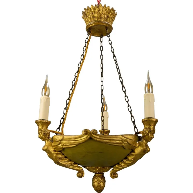 Pamono Mid-19th Century French Empire Giltwood Three-Light Chandelier> Ceiling Lights