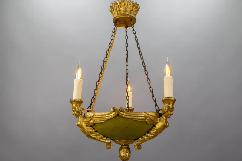 Pamono Mid-19th Century French Empire Giltwood Three-Light Chandelier> Ceiling Lights