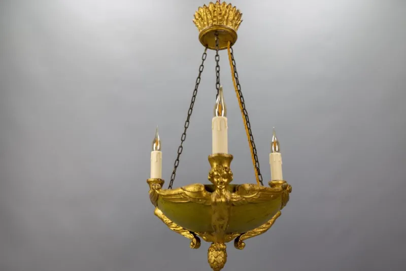 Pamono Mid-19th Century French Empire Giltwood Three-Light Chandelier> Ceiling Lights
