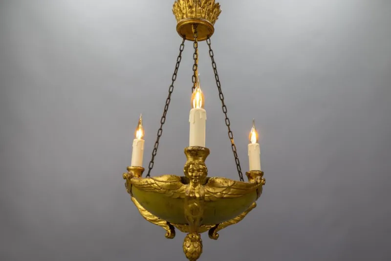 Pamono Mid-19th Century French Empire Giltwood Three-Light Chandelier> Ceiling Lights