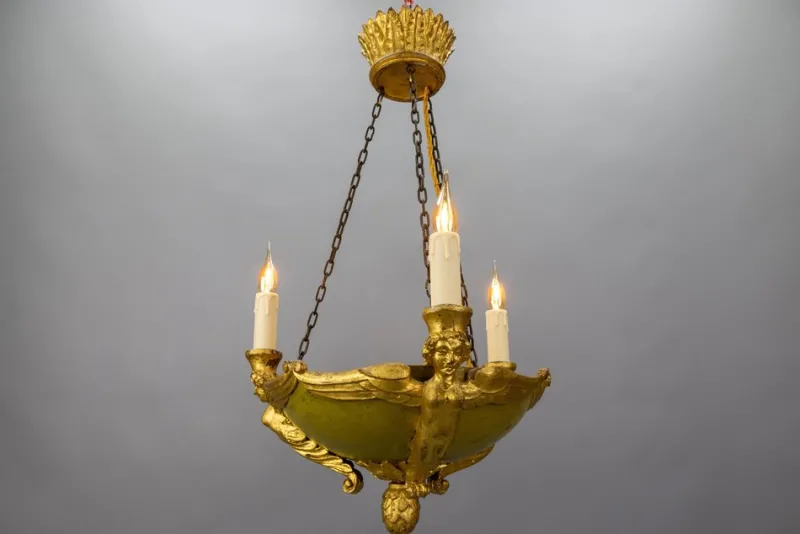 Pamono Mid-19th Century French Empire Giltwood Three-Light Chandelier> Ceiling Lights