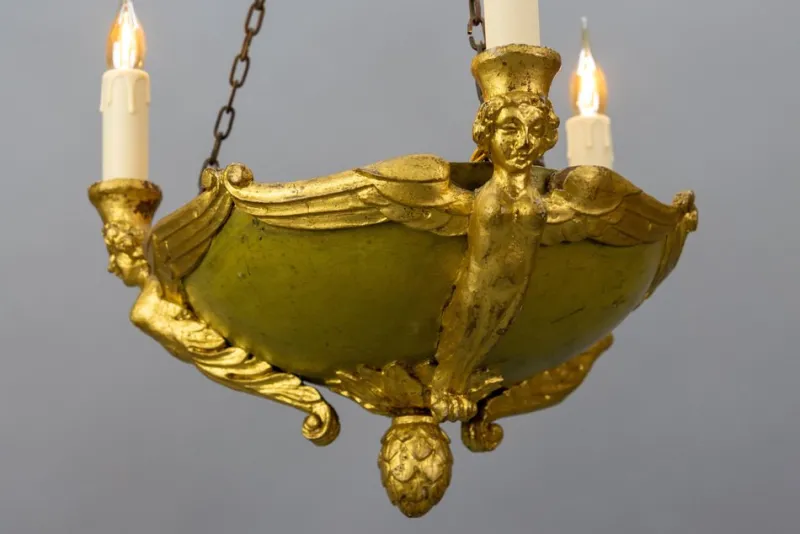 Pamono Mid-19th Century French Empire Giltwood Three-Light Chandelier> Ceiling Lights