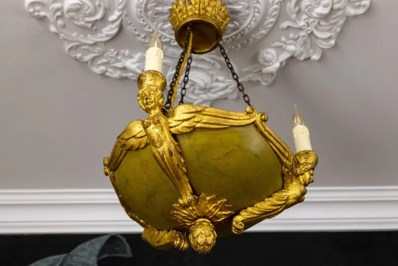 Pamono Mid-19th Century French Empire Giltwood Three-Light Chandelier> Ceiling Lights