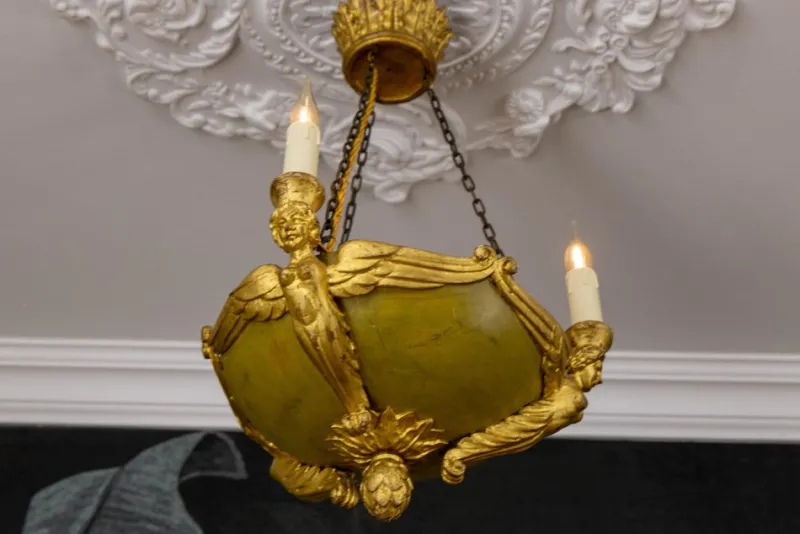 Pamono Mid-19th Century French Empire Giltwood Three-Light Chandelier> Ceiling Lights