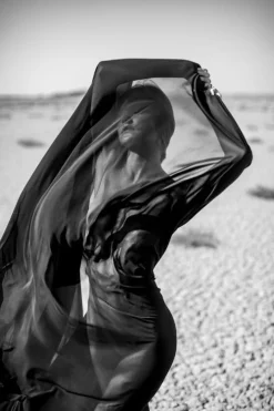 Pamono Miljko, Artistic Abstract Portrait of Woman Covered With Black Fabric in Desert, Photographic Paper> Photography