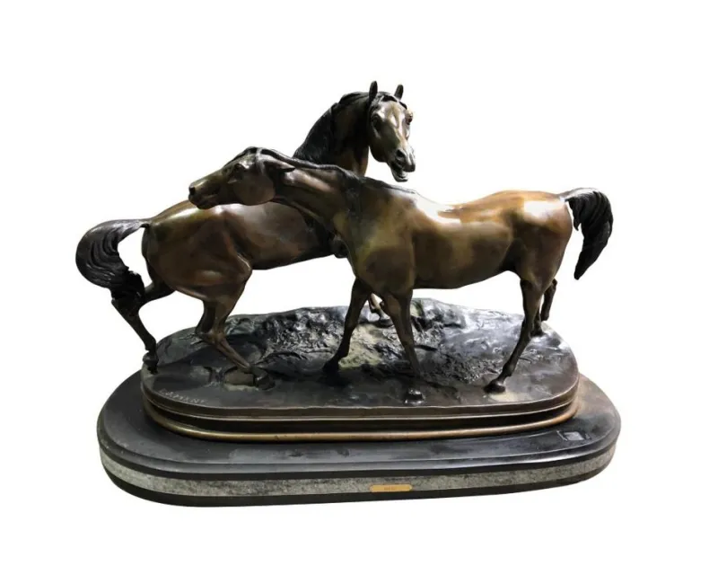 Pamono Miniature French Patinated Bronze Figure of Two Horses by P. J. Mene> Art Deco