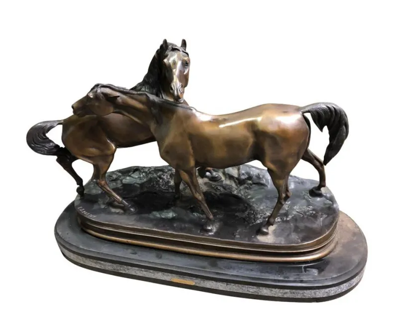 Pamono Miniature French Patinated Bronze Figure of Two Horses by P. J. Mene> Art Deco