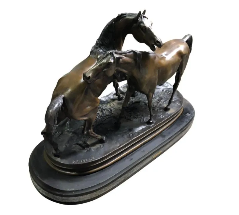 Pamono Miniature French Patinated Bronze Figure of Two Horses by P. J. Mene> Art Deco