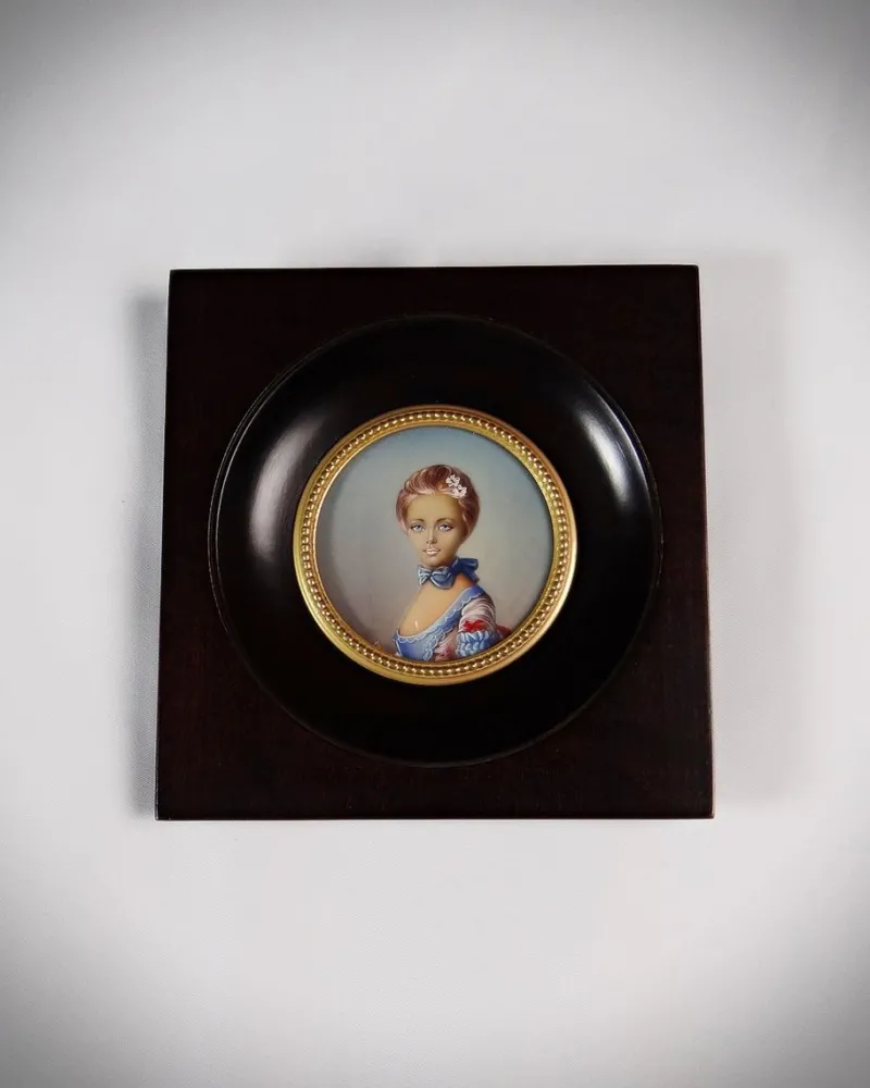 Pamono Miniature Hand-Painted Gouache Portrait of the Young Girl at the Ball by Perronneau, 19th Century