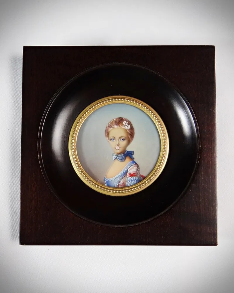 Pamono Miniature Hand-Painted Gouache Portrait of the Young Girl at the Ball by Perronneau, 19th Century