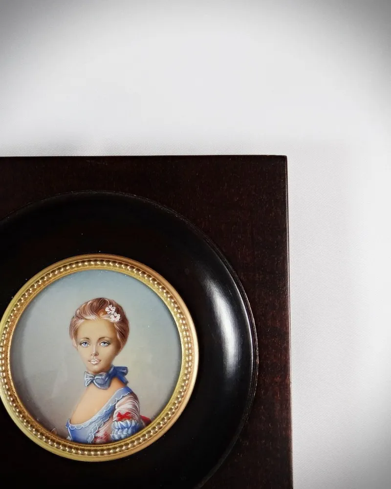 Pamono Miniature Hand-Painted Gouache Portrait of the Young Girl at the Ball by Perronneau, 19th Century
