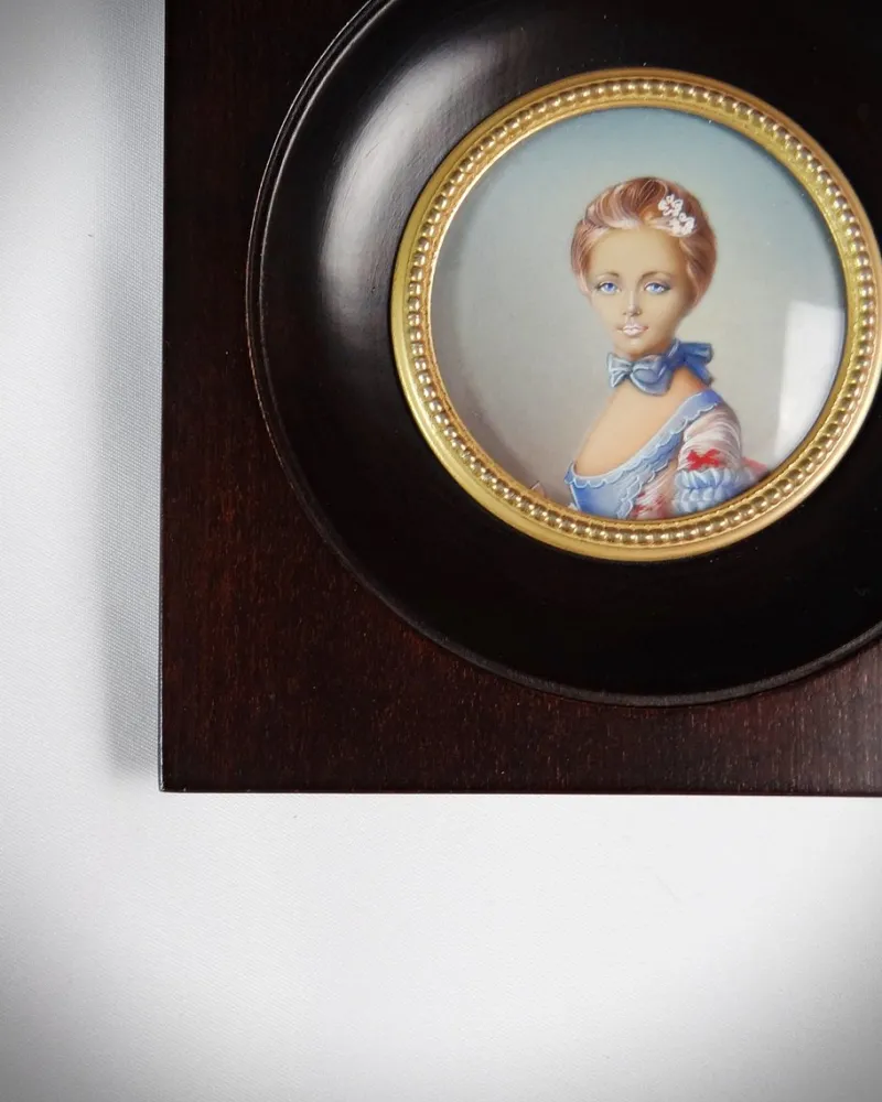 Pamono Miniature Hand-Painted Gouache Portrait of the Young Girl at the Ball by Perronneau, 19th Century