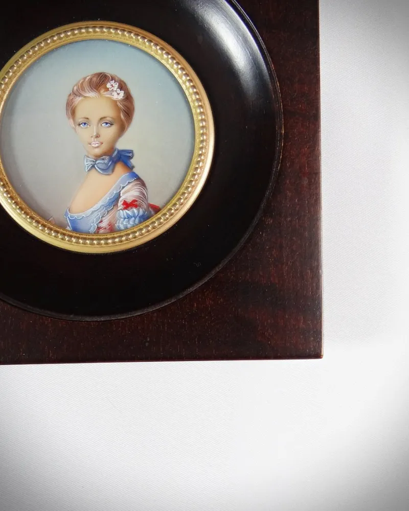 Pamono Miniature Hand-Painted Gouache Portrait of the Young Girl at the Ball by Perronneau, 19th Century