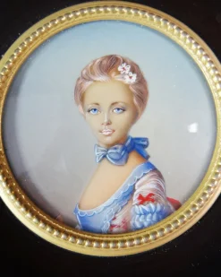 Pamono Miniature Hand-Painted Gouache Portrait of the Young Girl at the Ball by Perronneau, 19th Century