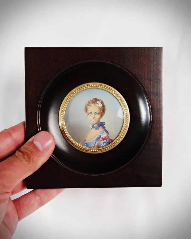 Pamono Miniature Hand-Painted Gouache Portrait of the Young Girl at the Ball by Perronneau, 19th Century