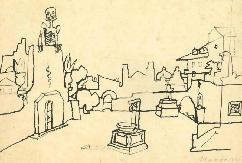 Outlet Pamono Mino Maccari, A Town in the Countryside, Drawing, 1960s