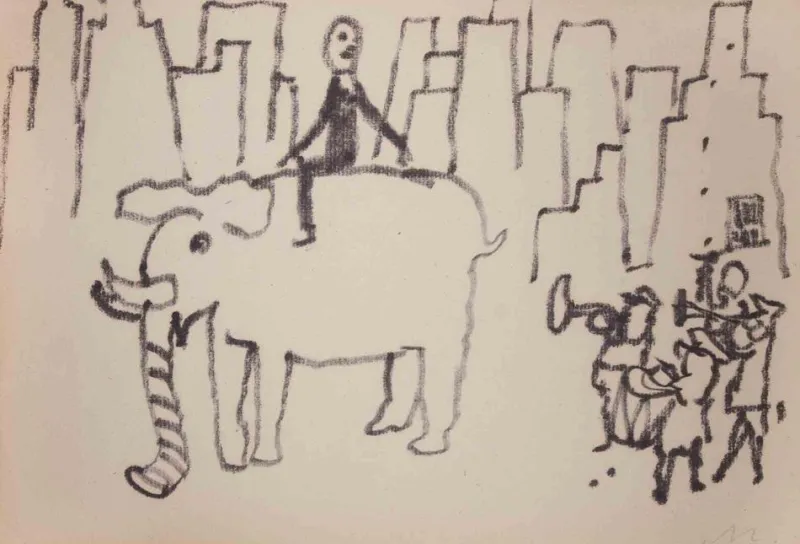 Pamono Mino Maccari, Elephant Tamer, Drawing, 1950s> Work On Paper