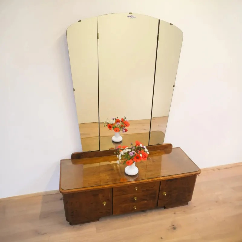Pamono Mirror Dresser with Swivel Mirrors in Stained Flamed Birch, 1950s> Dressing Tables