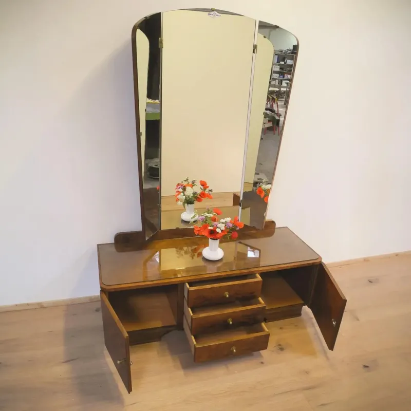 Pamono Mirror Dresser with Swivel Mirrors in Stained Flamed Birch, 1950s> Dressing Tables