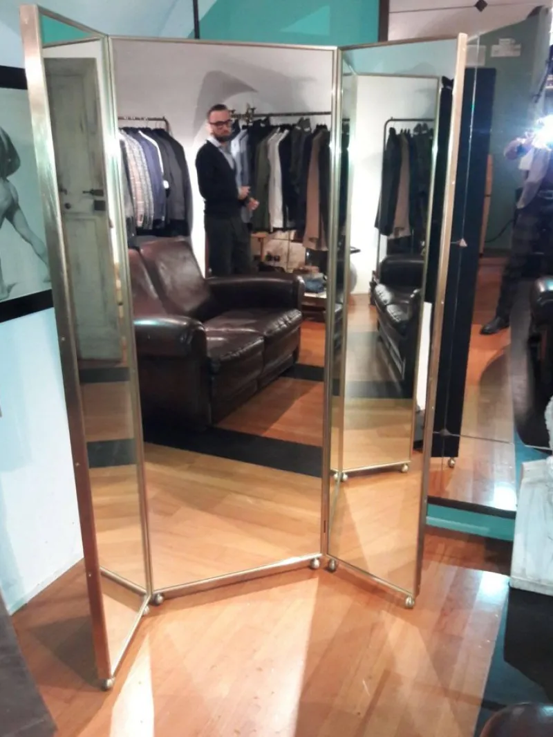Pamono Mirrored Three Panels Brass Frame Screen from Pescetta> Room Dividers & Screens