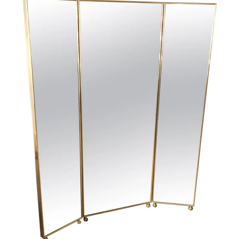 Pamono Mirrored Three Panels Brass Frame Screen from Pescetta> Room Dividers & Screens