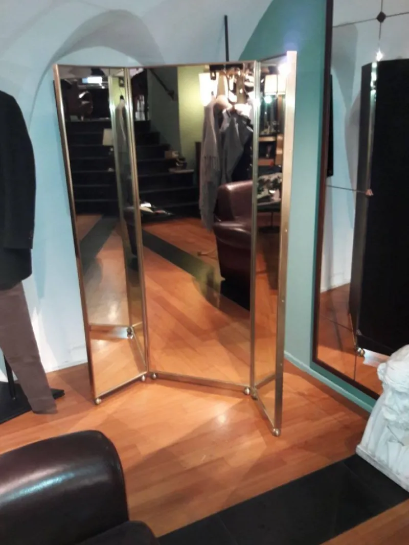 Pamono Mirrored Three Panels Brass Frame Screen from Pescetta> Room Dividers & Screens