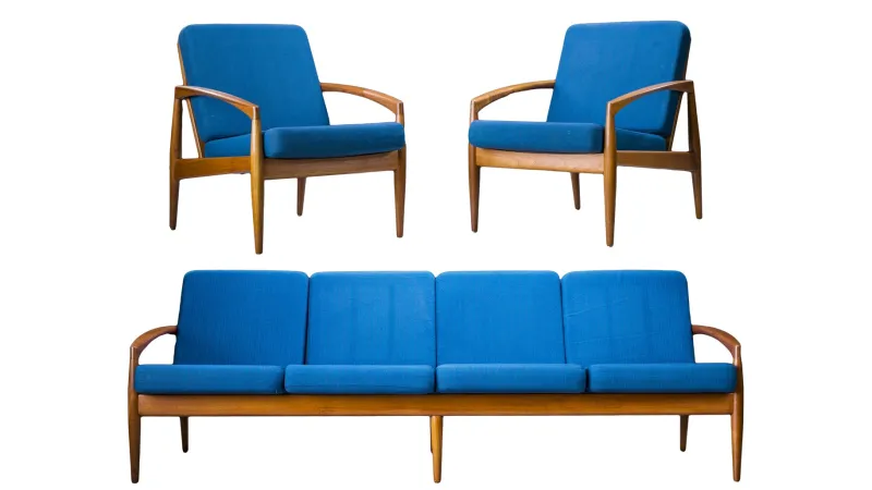 Pamono Model 121 Paper Knife Easy Chairs and Sofa by Kai Kristiansen for Magnus Olesen, 1960s, Set of 3> Living Room Sets